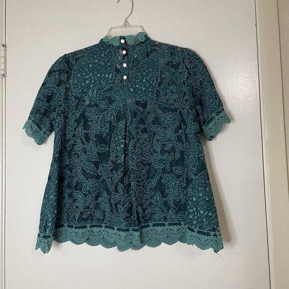 Anthropologie HD in Paris Green lace meadow short sleeve blouse size US 4 - Picture 5 of 7